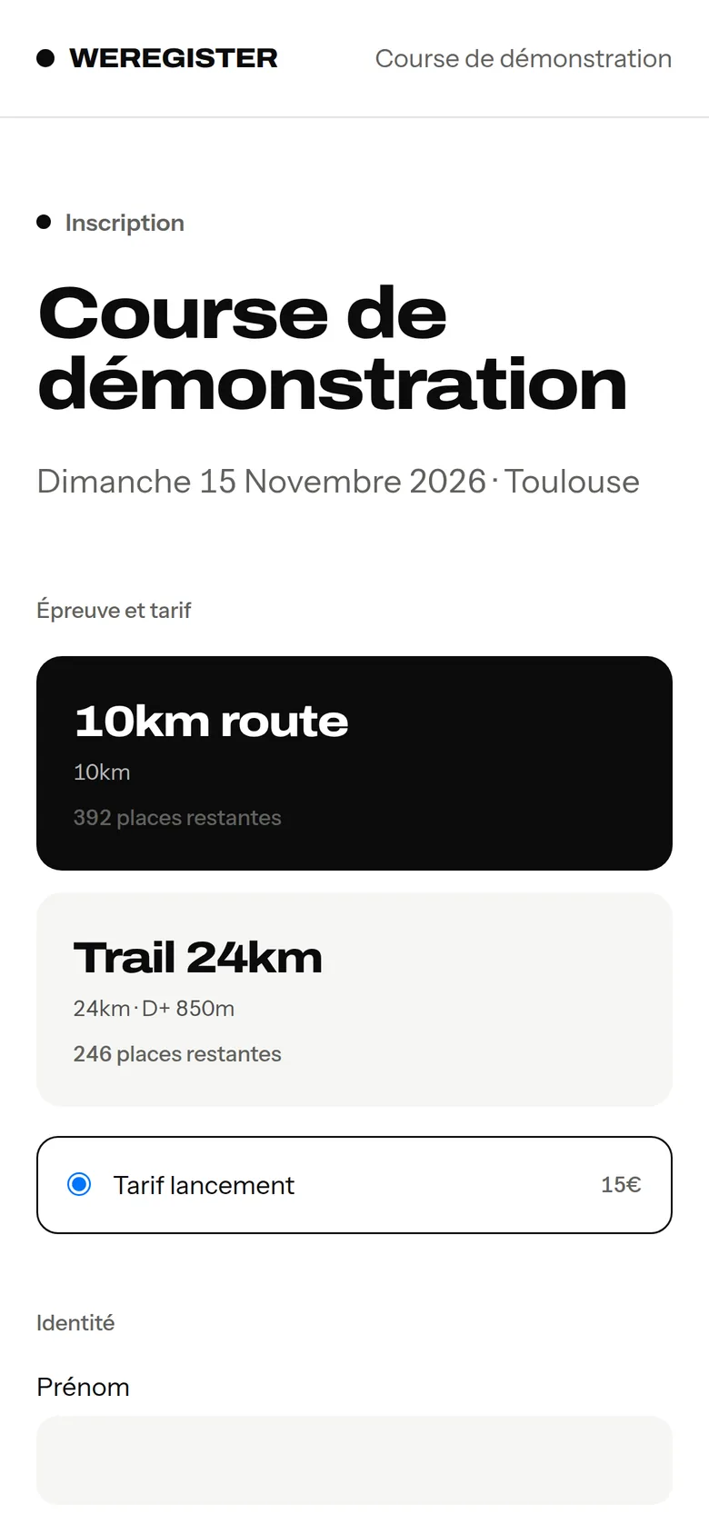 Le formulaire d'inscription sur téléphone