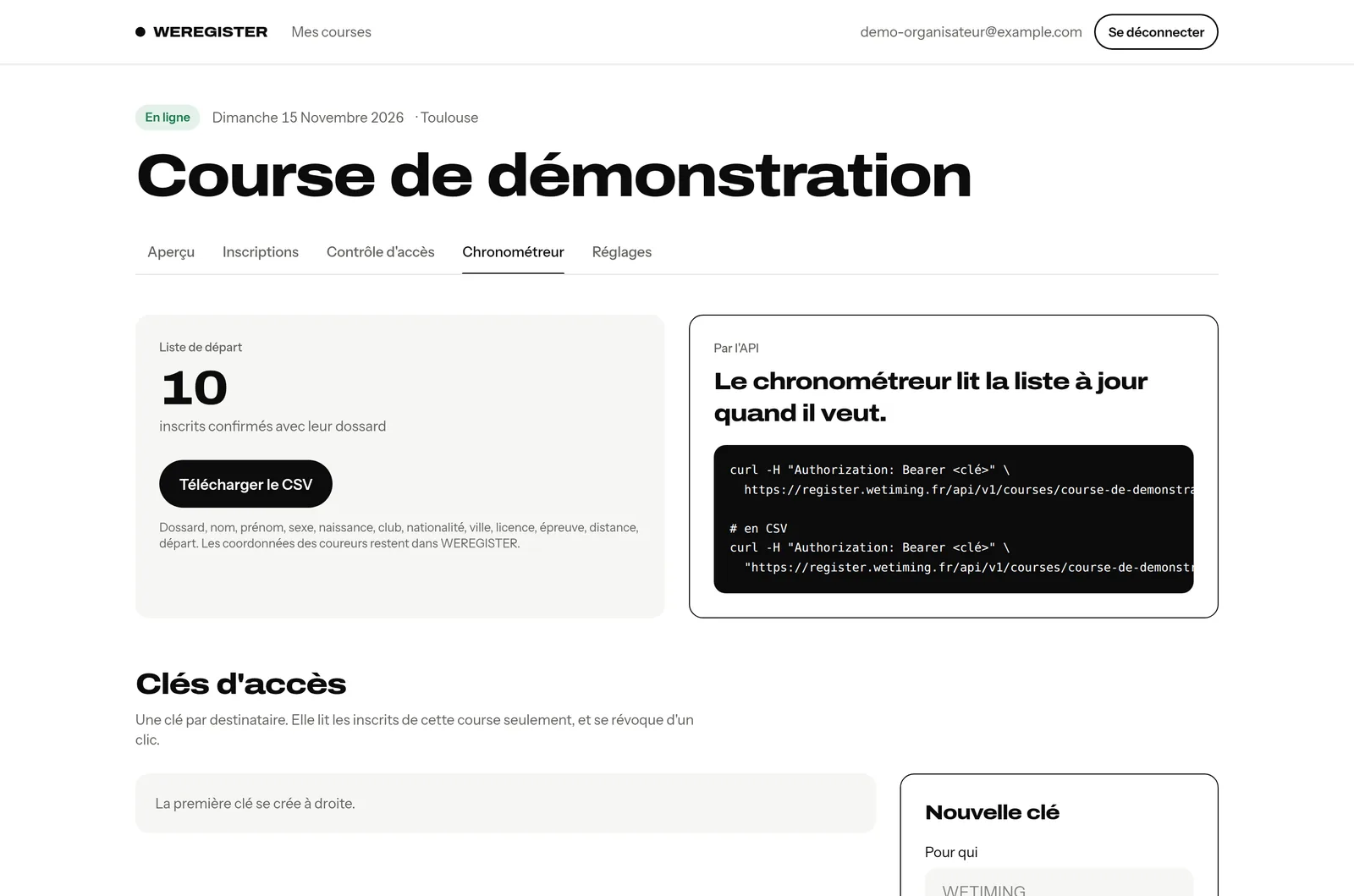 L'écran chronométreur : clé d'export et fichier CSV de la liste de départ