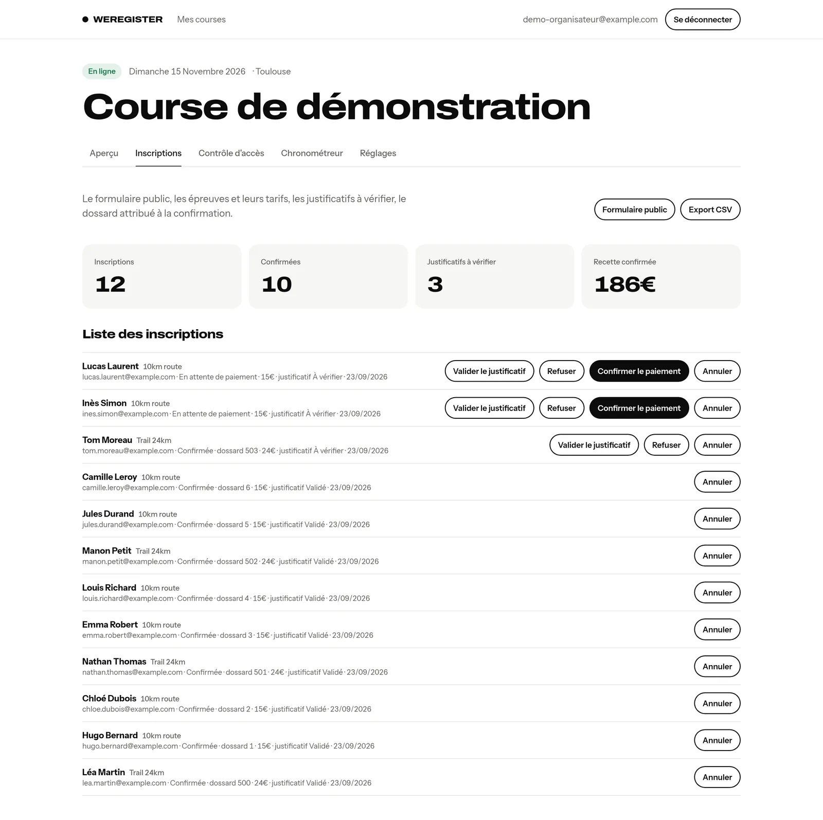 La liste des inscrits dans l'espace organisateur
